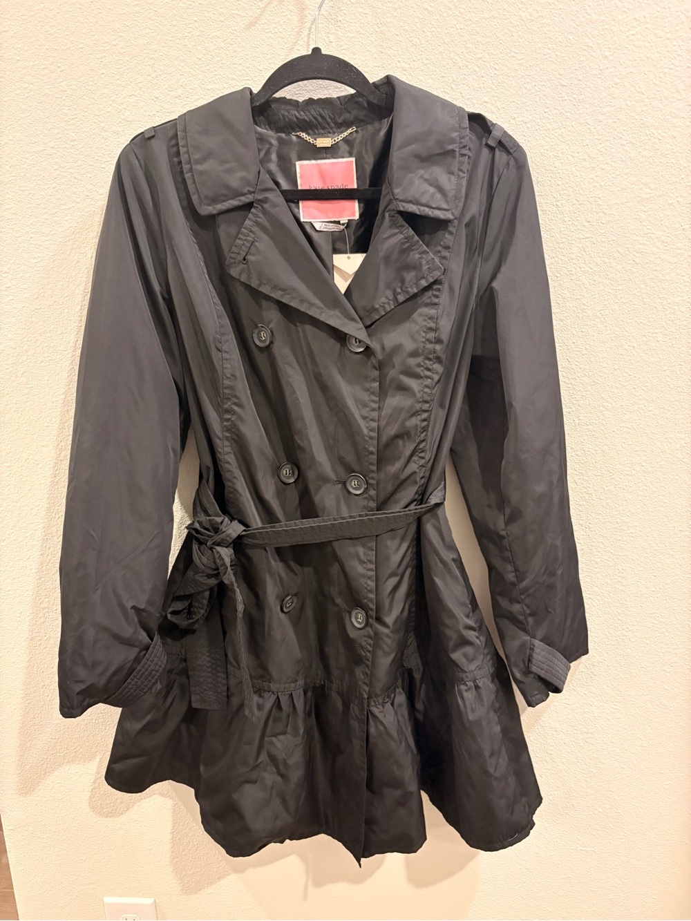 kate spade Black Double-Breasted Trench Rain  Coat with Waist Tie Flounce Hem